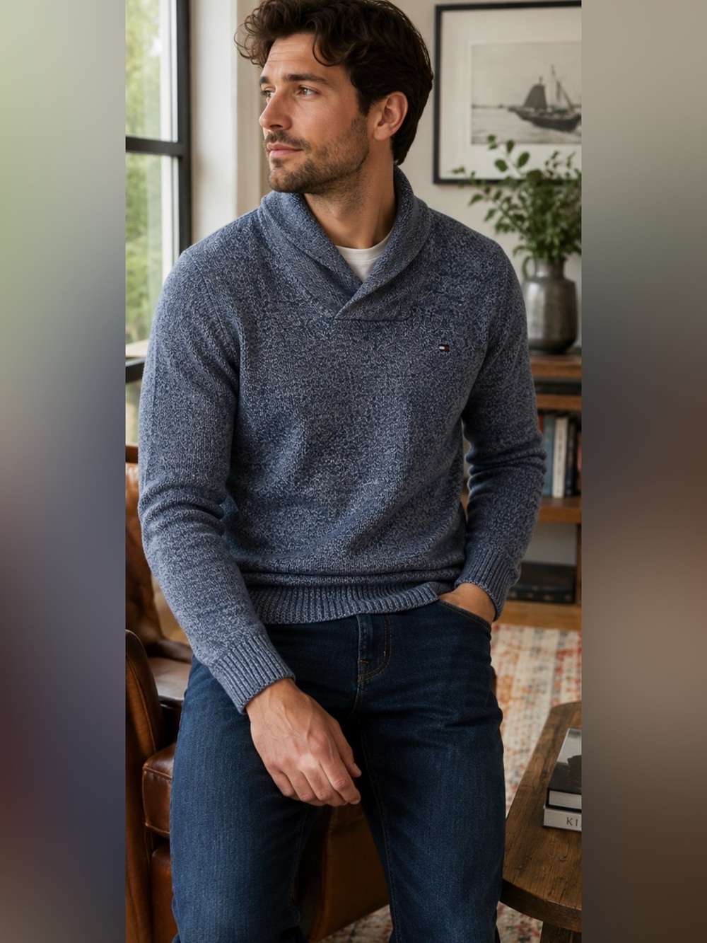 Tommy Hilfiger Blue Marled Shawl Neck Sweater Large L 100% Cotton Pullover